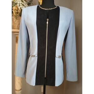 Jessica Howard Blazer Jacket Women's Size 10 Blue Black Shoulder Pad Zip Up